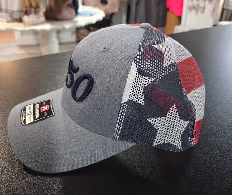 Red, White & Blue Printed Grey Mesh Trucker with 250 Logo