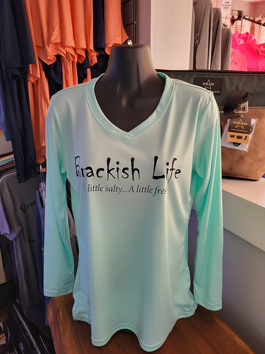 Seafoam Ladies Performance Long Sleeve V-Neck with Navy Logo with Slogan and Heron on Back