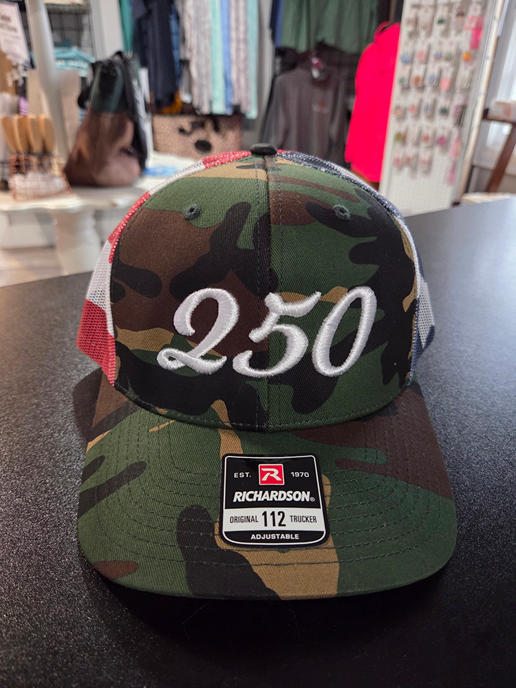 Red, White & Blue Printed Old School Camo Trucker with 250 Logo