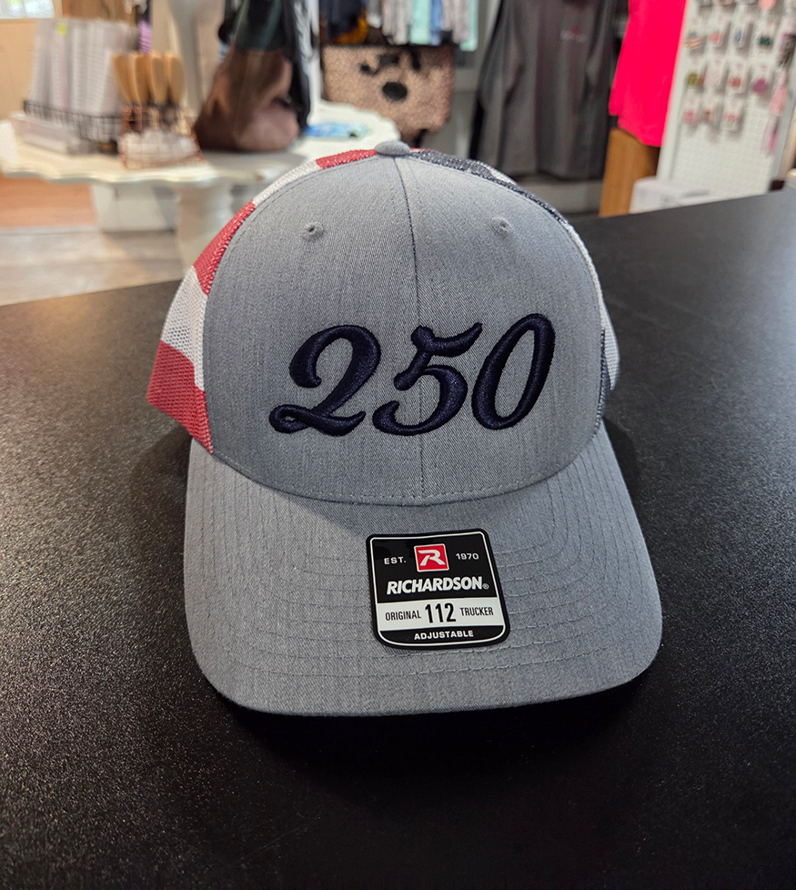 Red, White & Blue Printed Grey Mesh Trucker with 250 Logo