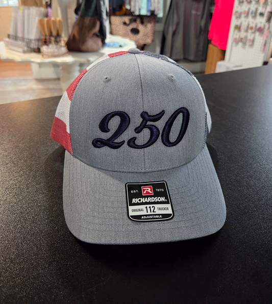 Red, White & Blue Printed Grey Mesh Trucker with 250 Logo