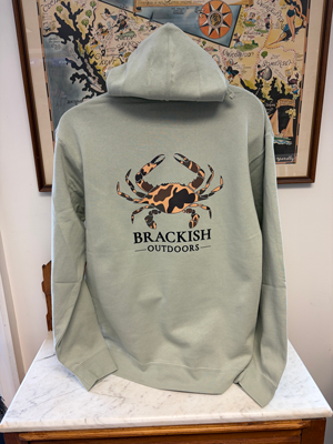 8.5 Oz Dusty Sage Hoodie with our Camo Crab Logo