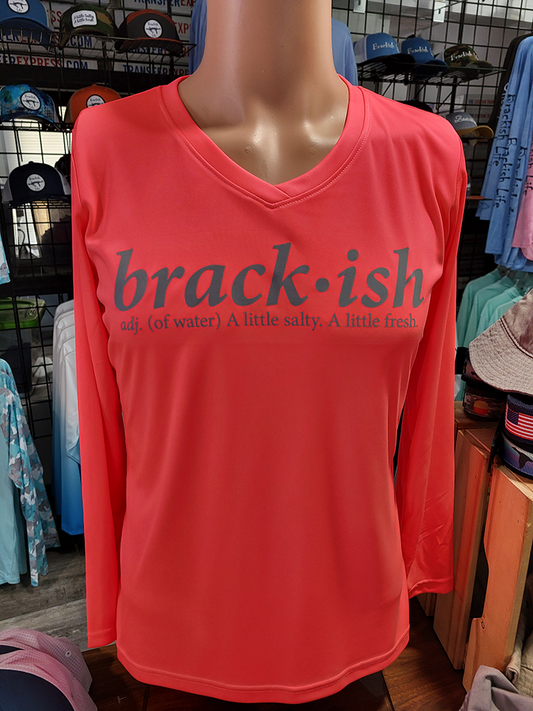 Coral  Ladies Performance Long Sleeve V-Neck with Silver Brackish Definition