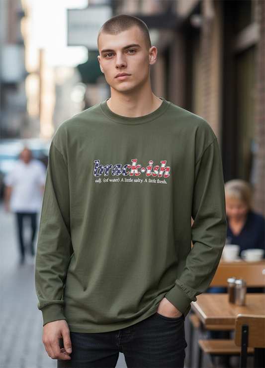 Military Green Long Sleeve T-Shirt with Red, White and Blue Logo