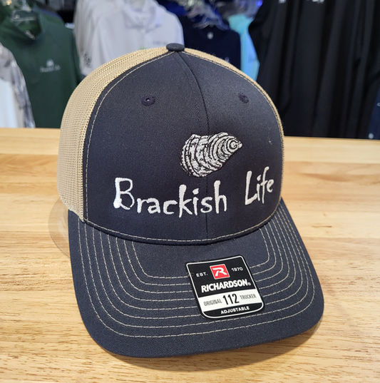 Navy and Tan Embroidered Oyster Trucker Hat