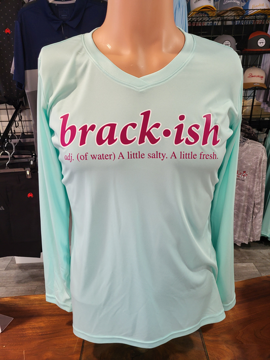 Seafoam Ladies Performance Long Sleeve V-Neck with Pink Brackish Definition