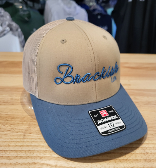 Brackish Life Script Slate Blue and Tan Trucker Hat