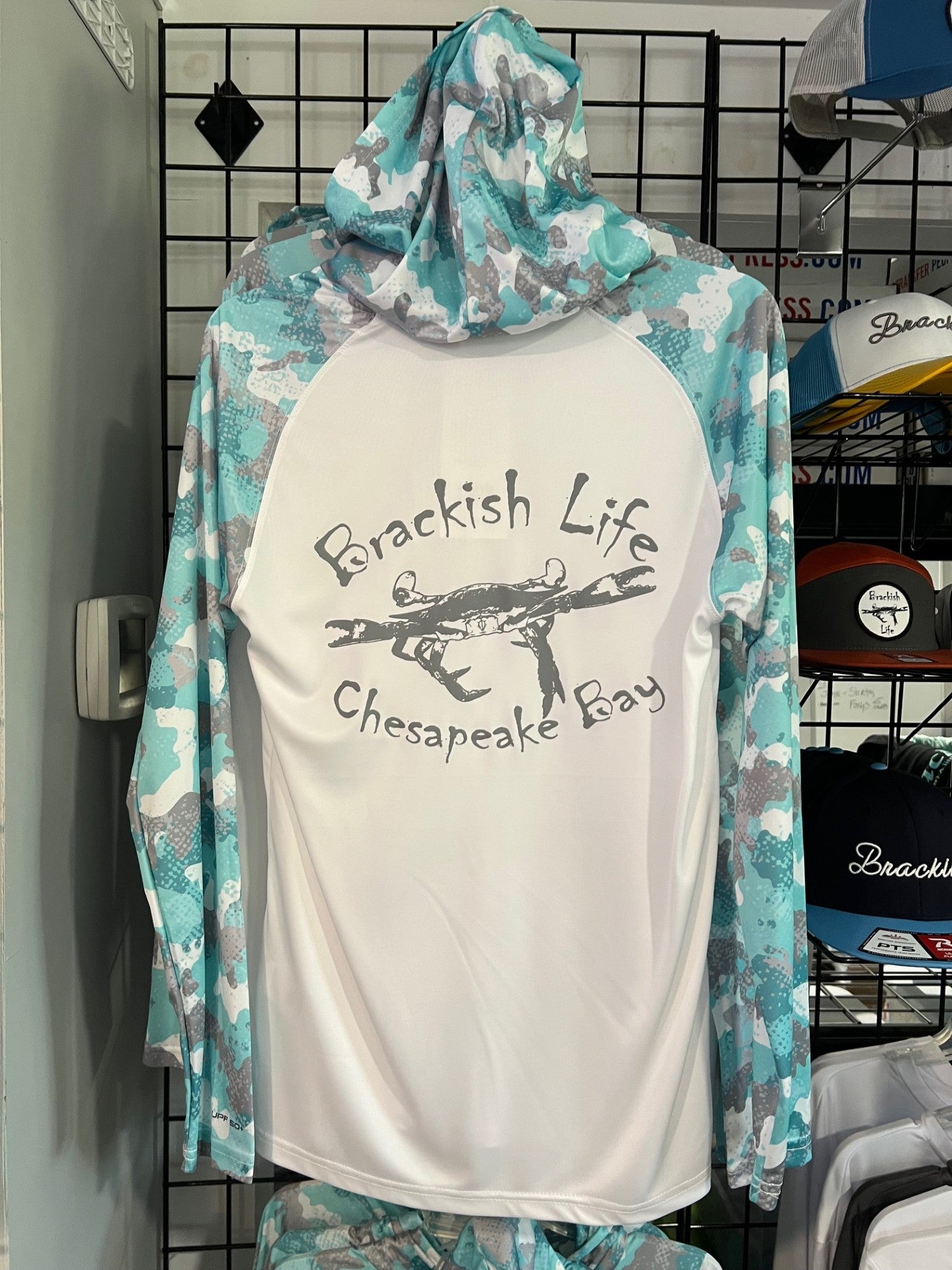 White and Aqua Blue Camo Hooded Performance UV T-Shirt Logo with Slogan