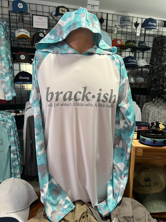 White and Aqua Blue Camo Hooded Performance UV T-Shirt Logo with Slogan